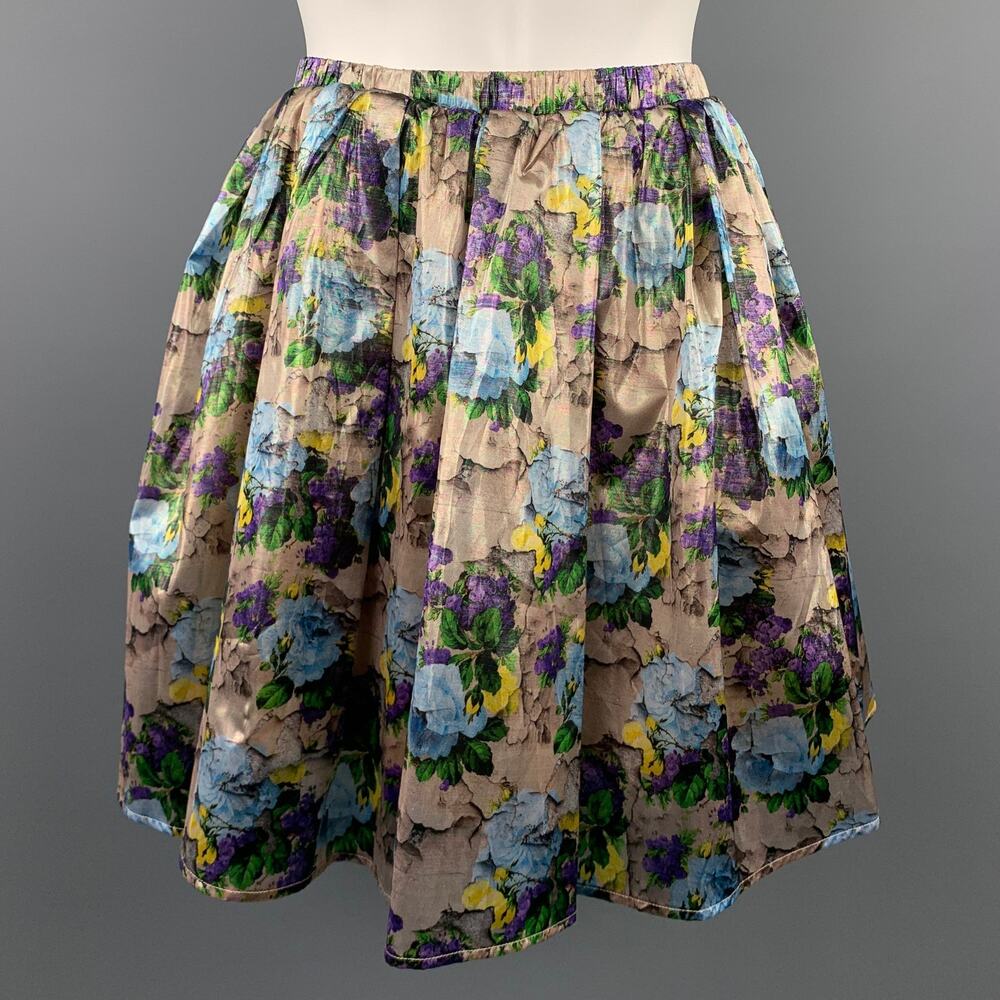 MSGM Size 6 Gold & Purple Floral Polyamide Elastic Waistband A-Line Skirt